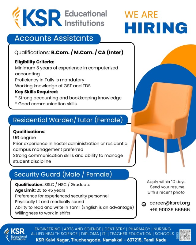 EI | Accounts Assistants | Residential Warden | Security Guard